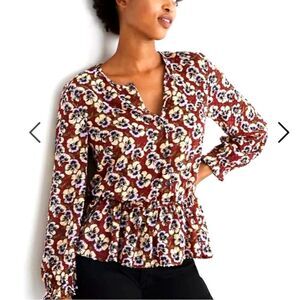 Madewell Drawstring Ruffle-Hem Top blouse  in Viola Floral Sz Small